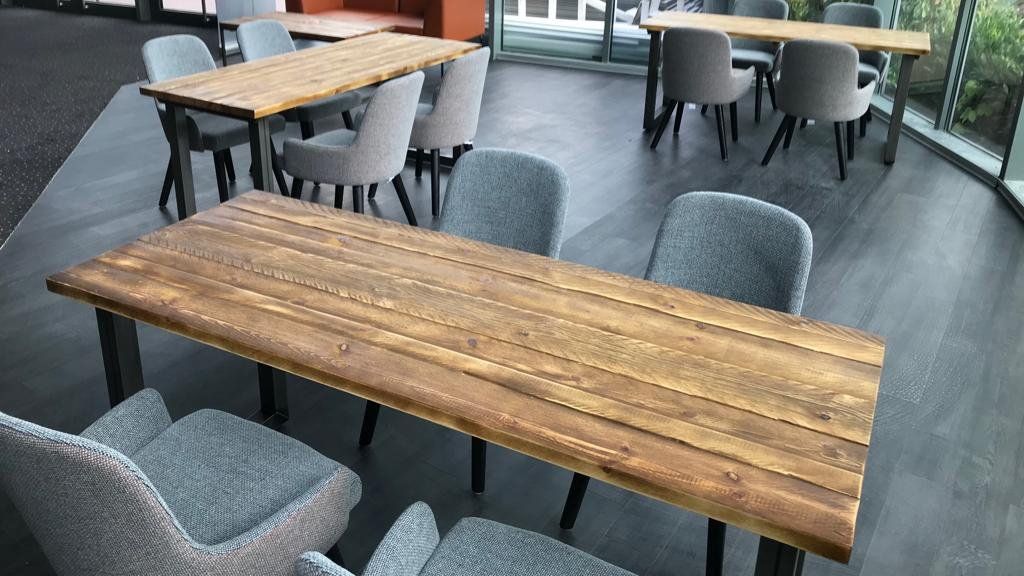 Contract plank wood tables on steel legs