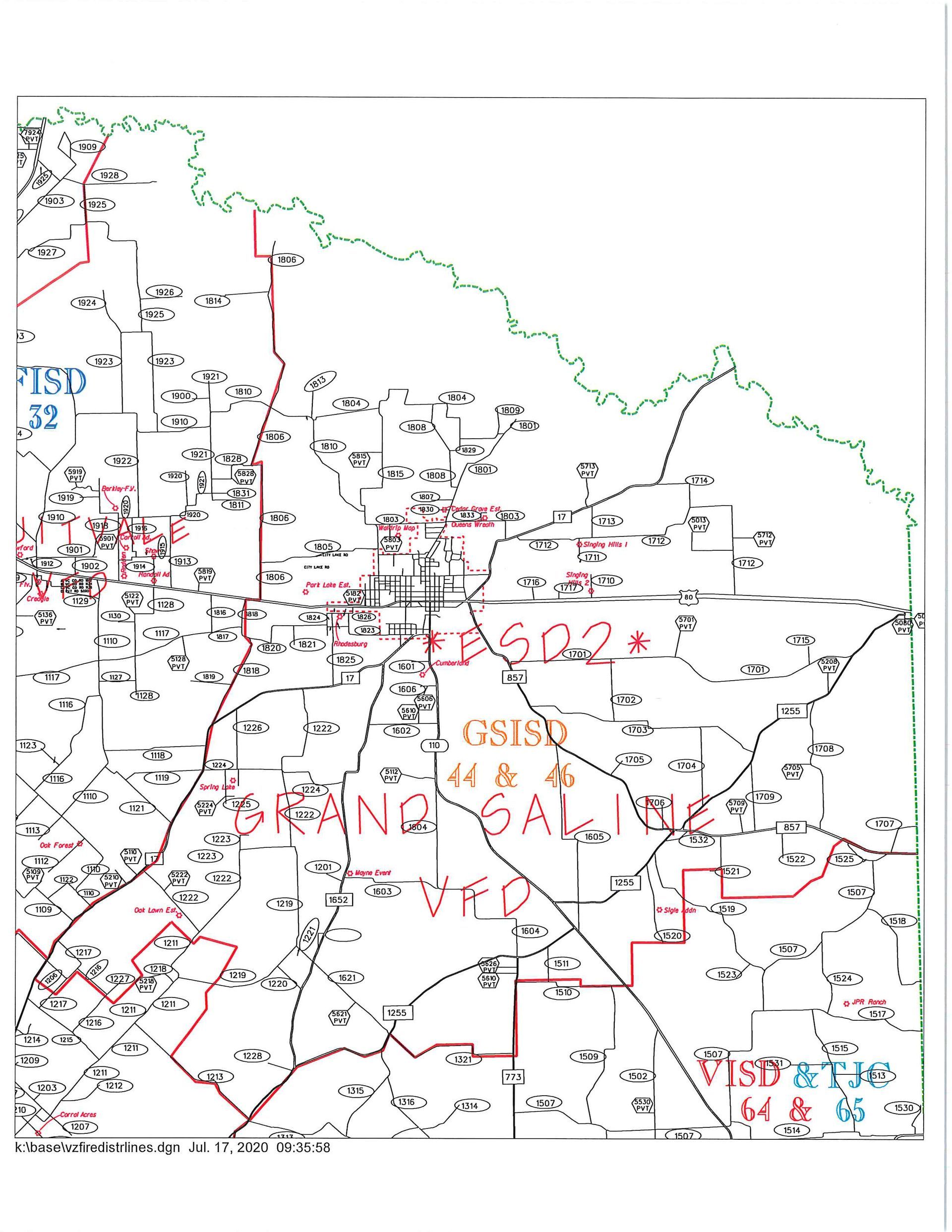 Map of a geographical area, likely a region or district, with various roads, labels, and boundaries. The map uses red and orange for some lines.