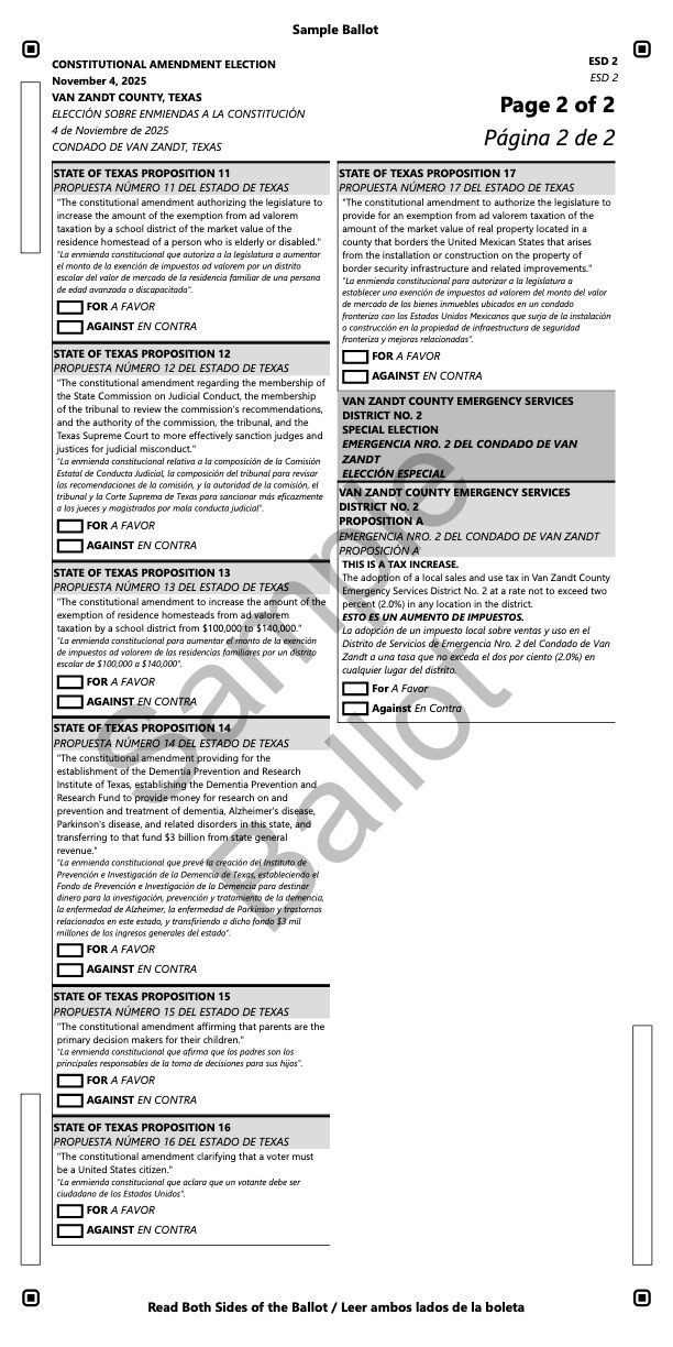 Page 2 of a ballot with various propositions and corresponding