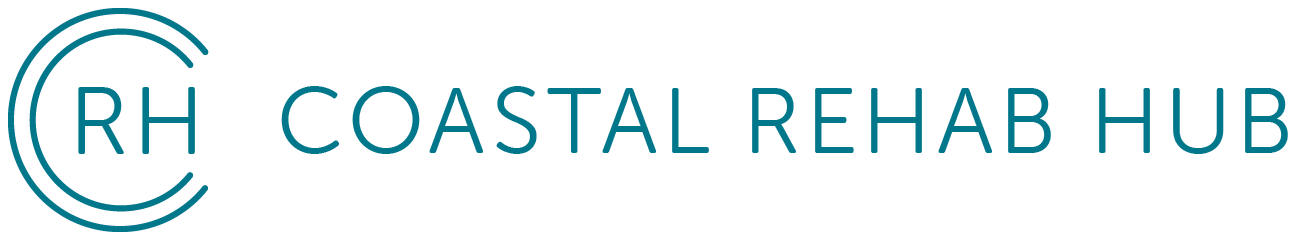 Logo for Coastal Rehab Hub. Circle with "RH" inside, followed by "COASTAL REHAB HUB". Blue text.