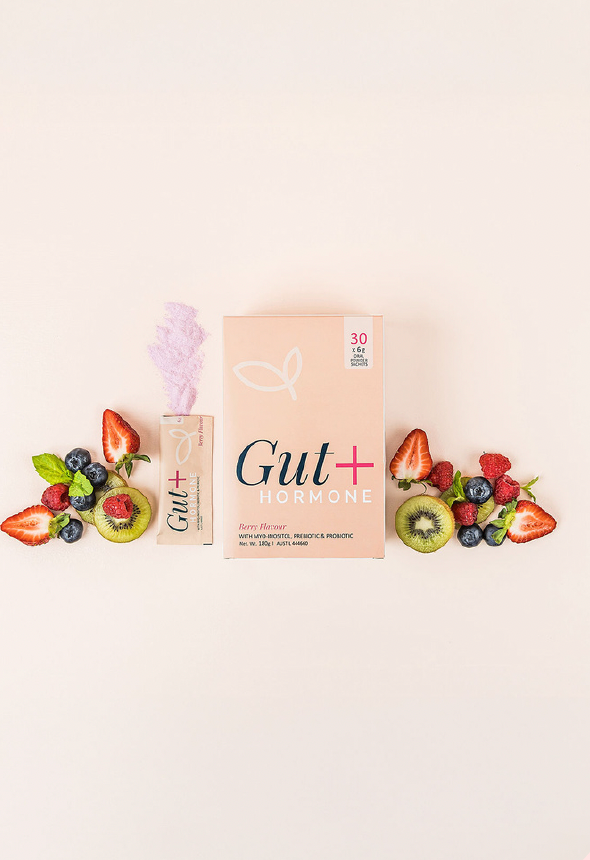 A box of Gut+ Hormone supplement with a matching stick packet.