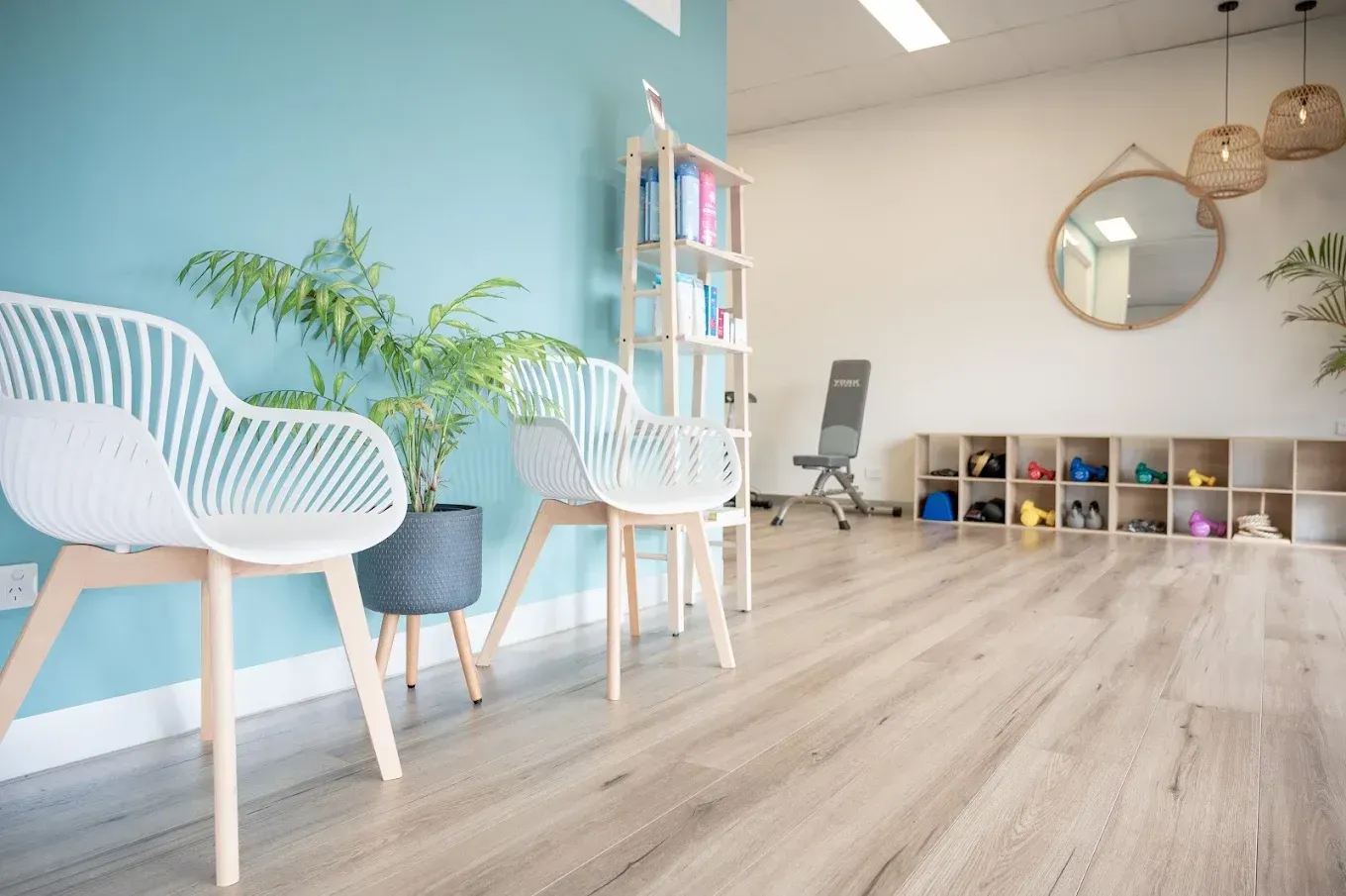 Waiting area with blue wall, white chairs, plants, and shelving.