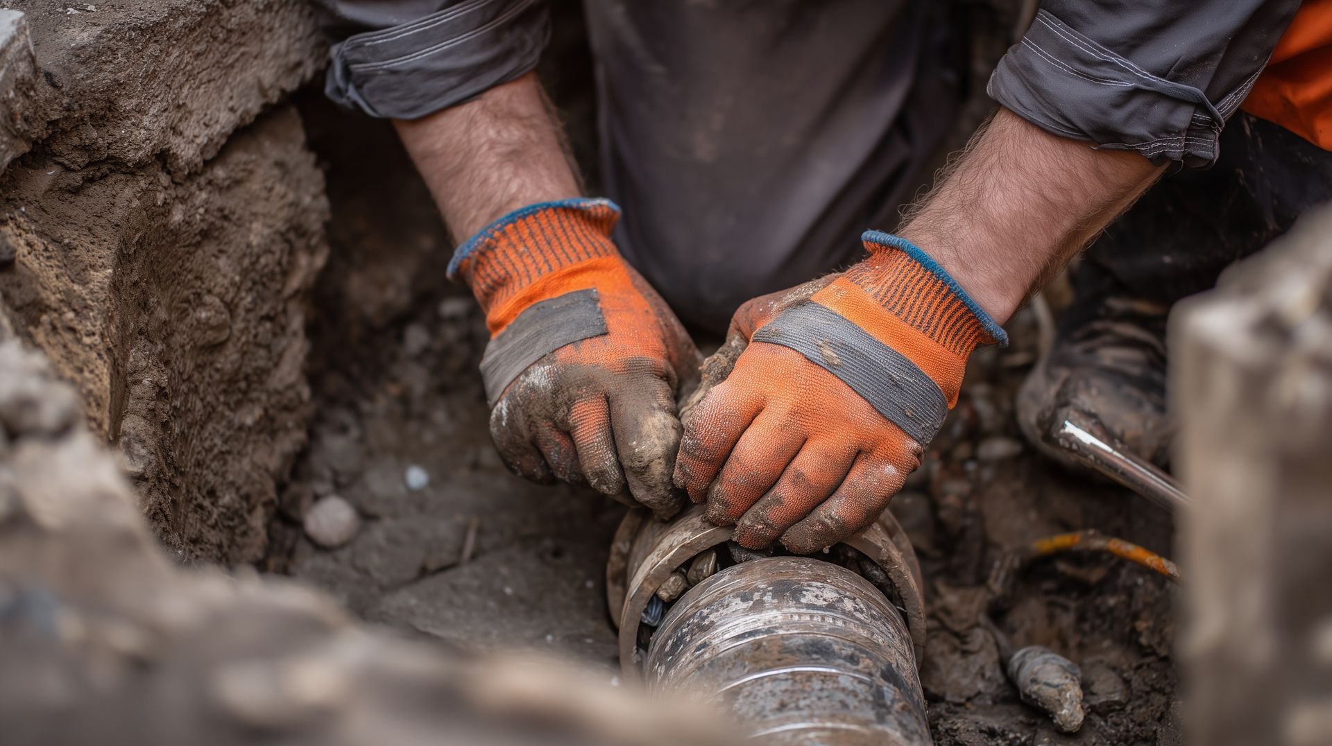 Close-up of gloved hands fitting a pipe coupling during an underground sewer line replacement.