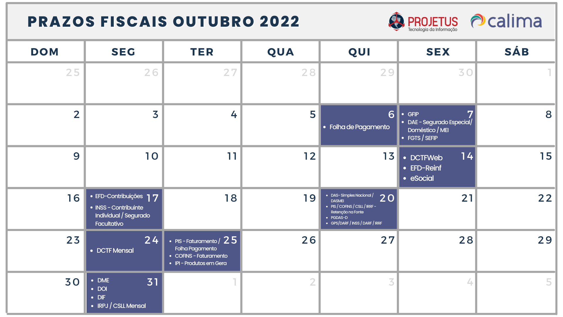 Calendário de prazos fiscais Outubro 2022