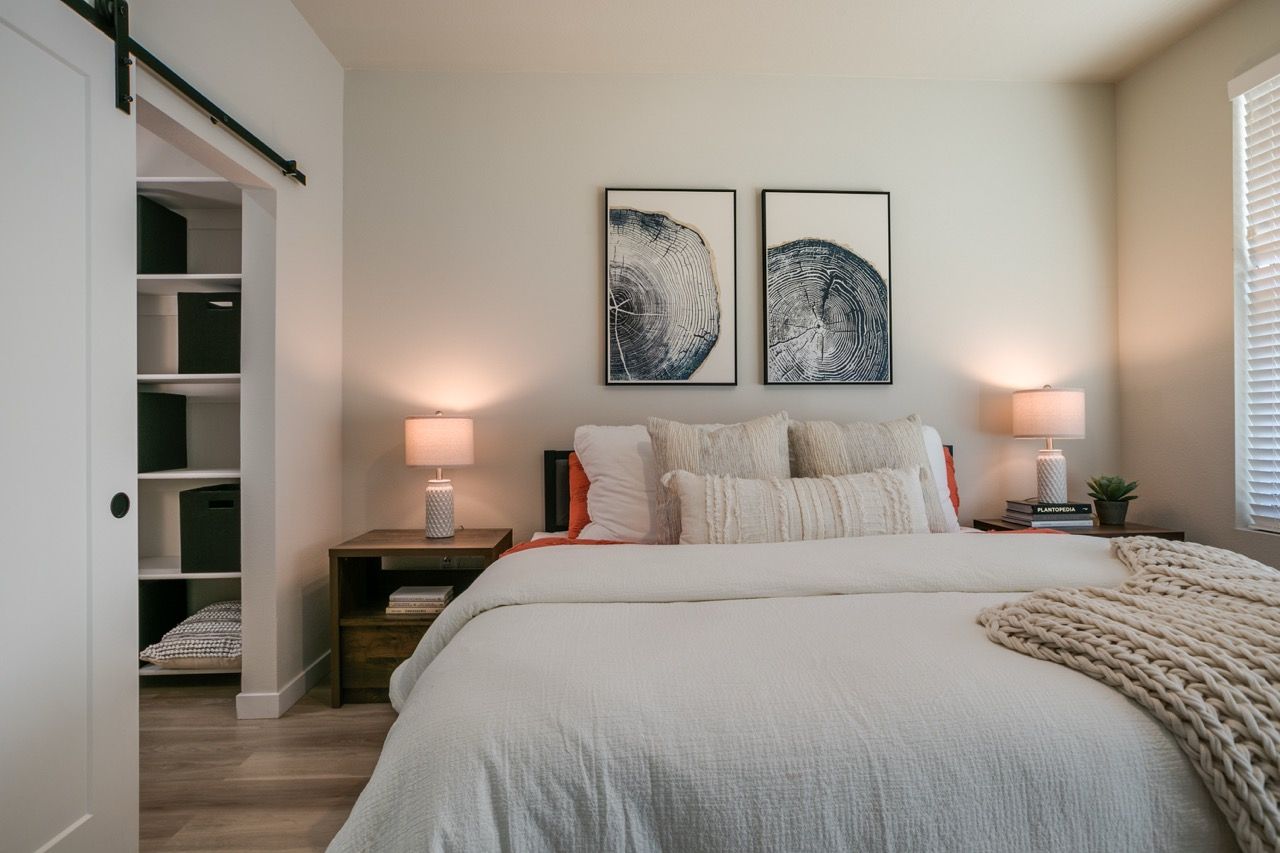 Bedroom with a queen bed, two nightstands with lamps, and an open closet with shelves.