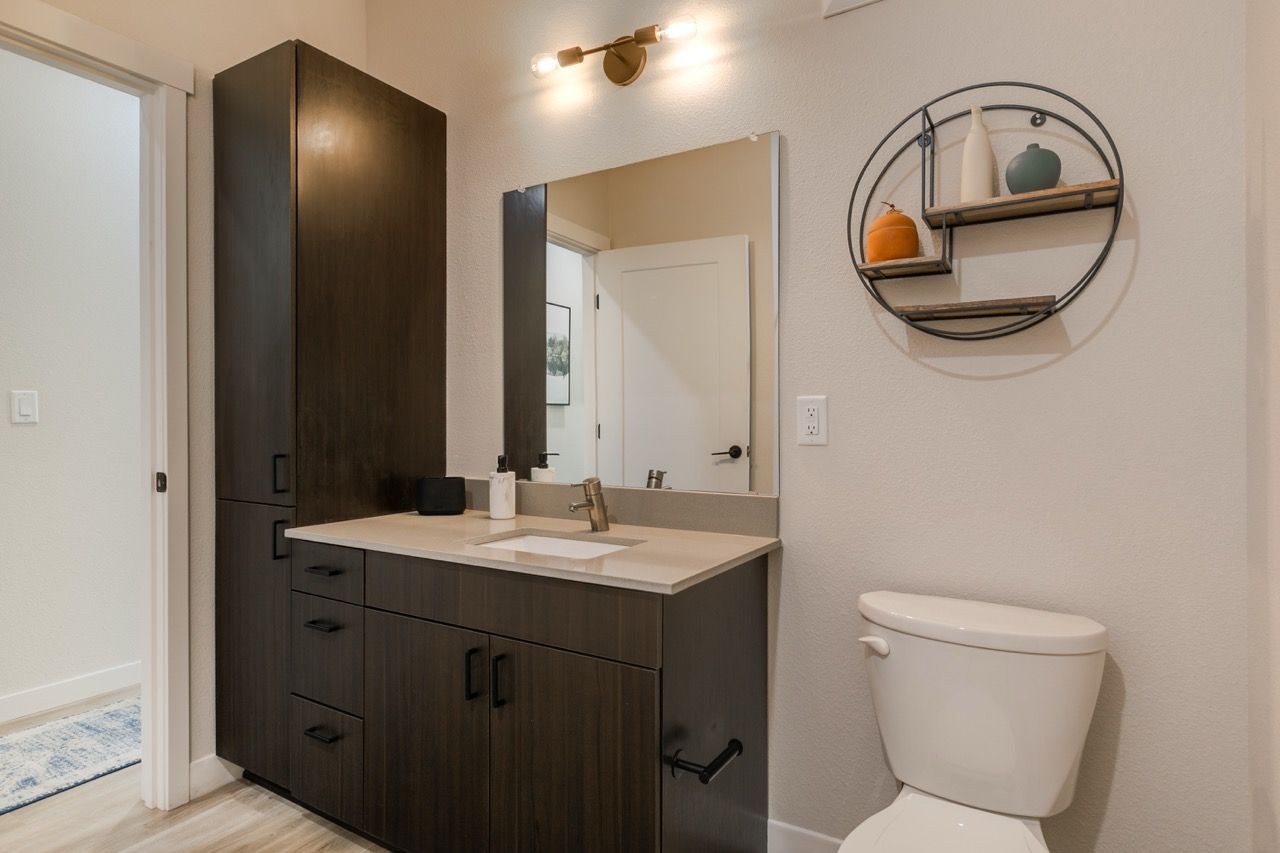 Bathroom vanity with dark wood cabinetry, large mirror, and toilet.