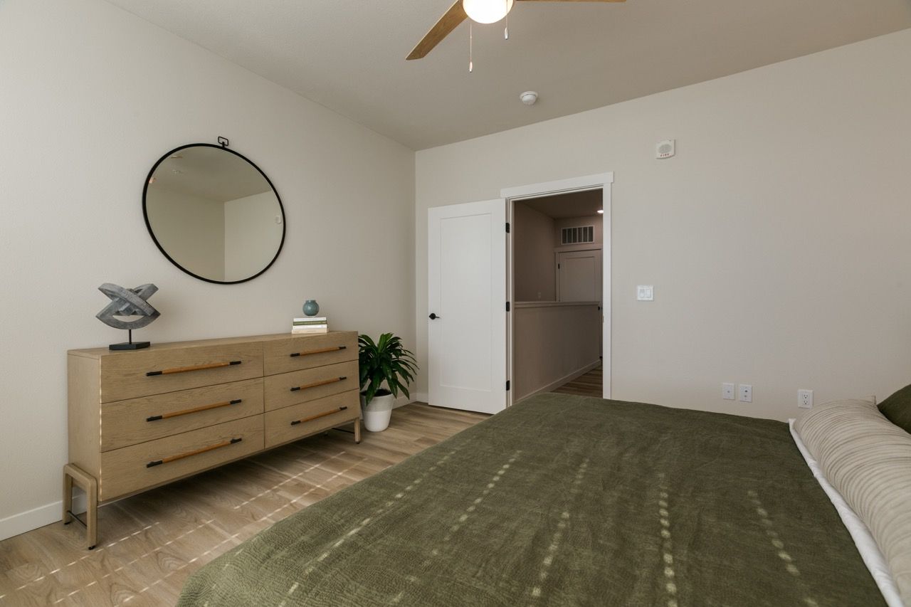 Bedroom in an apartment with dresser, round mirror, ceiling fan, plant, and bed.