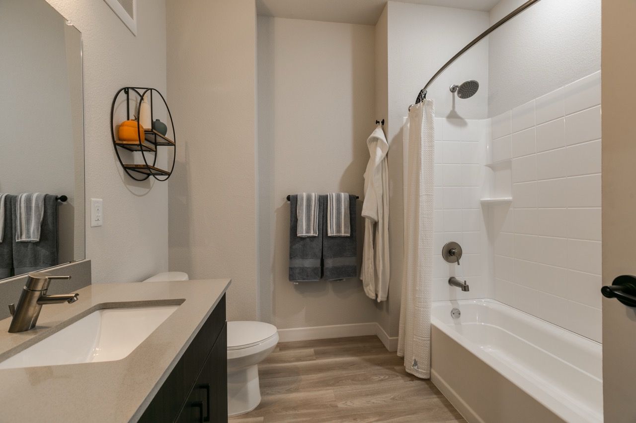 Modern apartment bathroom with vanity, mirror, toilet, and a bathtub with shower.