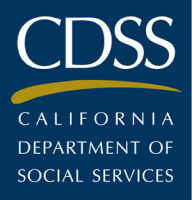 CDSS logo, California Department of Social Services, navy blue with white text, gold arc.