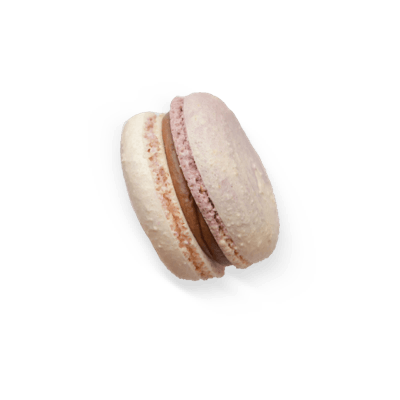 Galleta macaron de dos tonos con cáscara de color canela y relleno marrón.