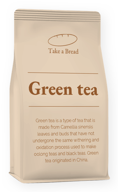 Bolsa de té verde “Take a Bread”, color beige con texto marrón.