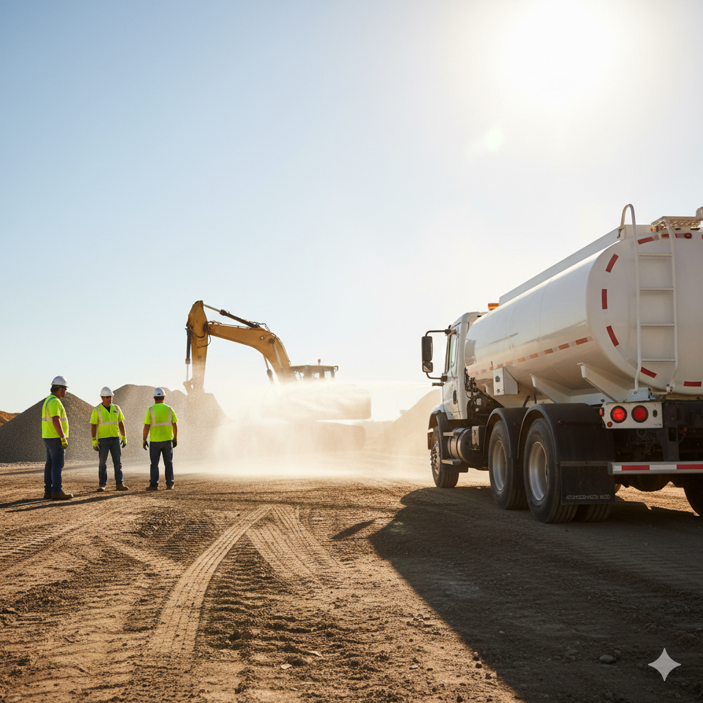 Construction site with tanker truck, excavator, and workers in safety vests under a bright sun.