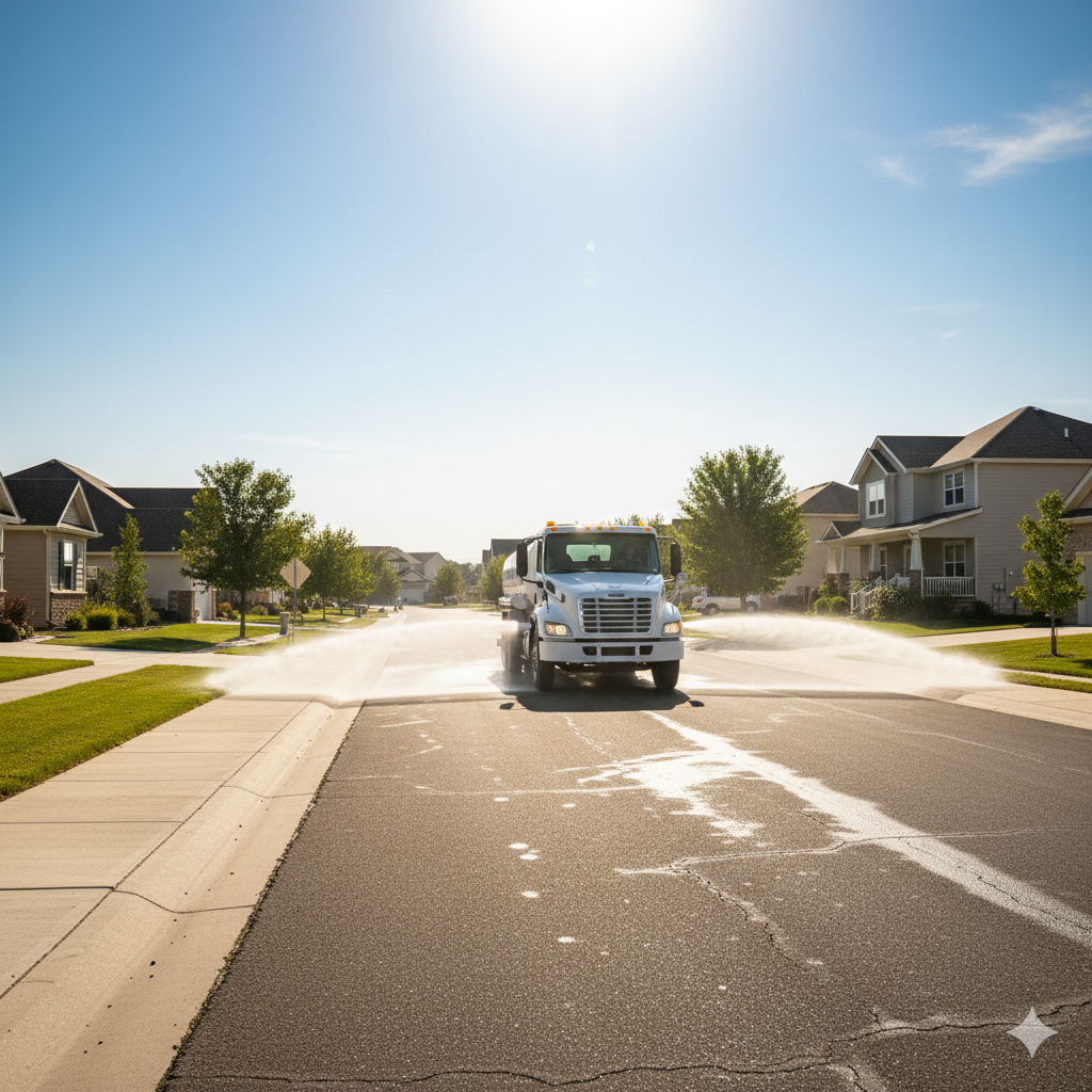 White truck spraying water on a suburban street under a bright sun.
