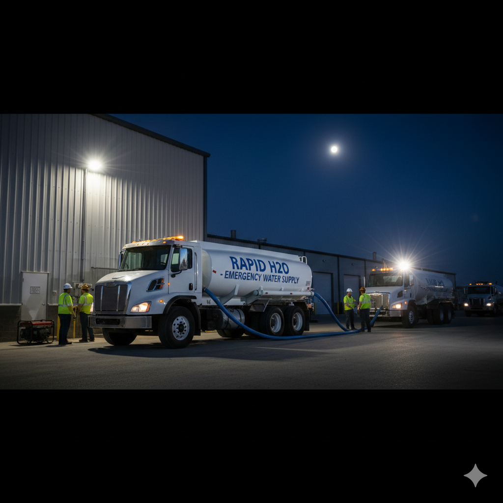 Tanker trucks at night, connected by hoses, with workers in safety vests.