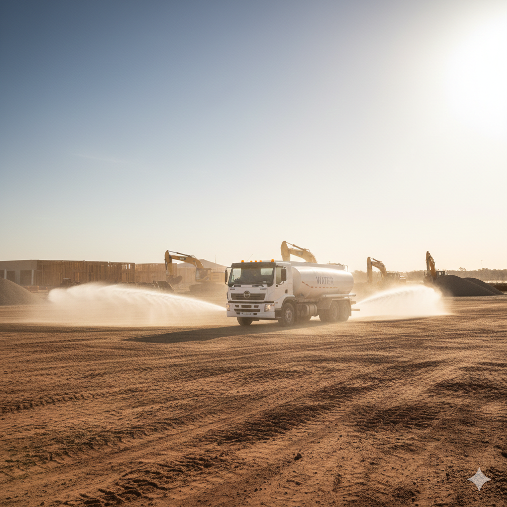 Water truck spraying water on dusty construction site under a bright sun.