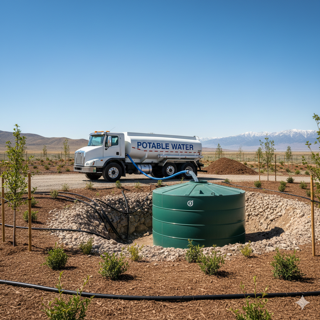 Water truck filling a green water tank in a dry, desert-like landscape. Blue sky and mountains in the background.
