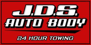 The logo for jds auto body is a 24 hour towing company.