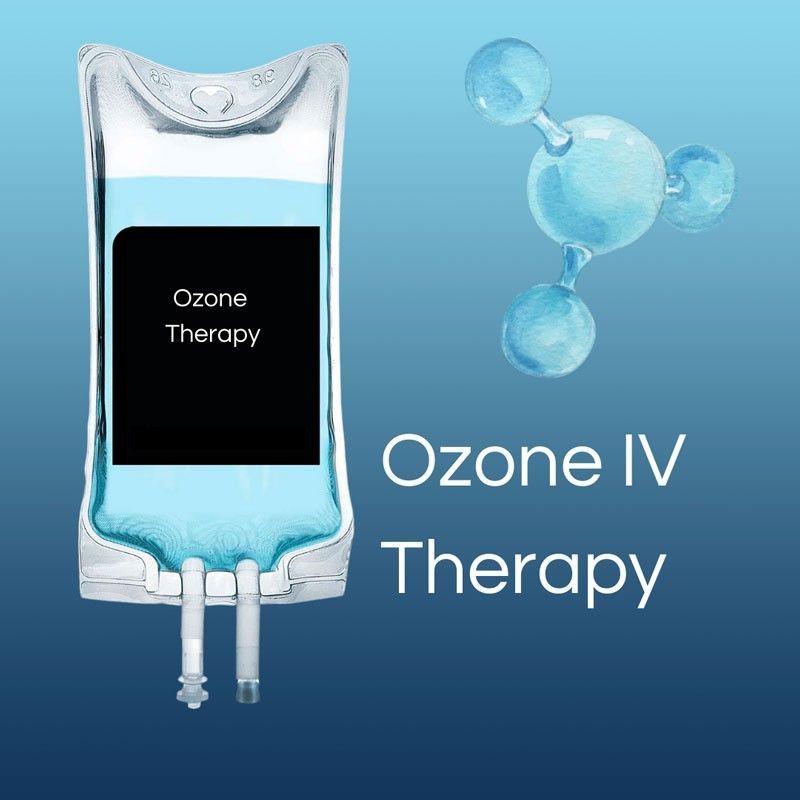 A bag of ozone iv therapy is shown on a blue background