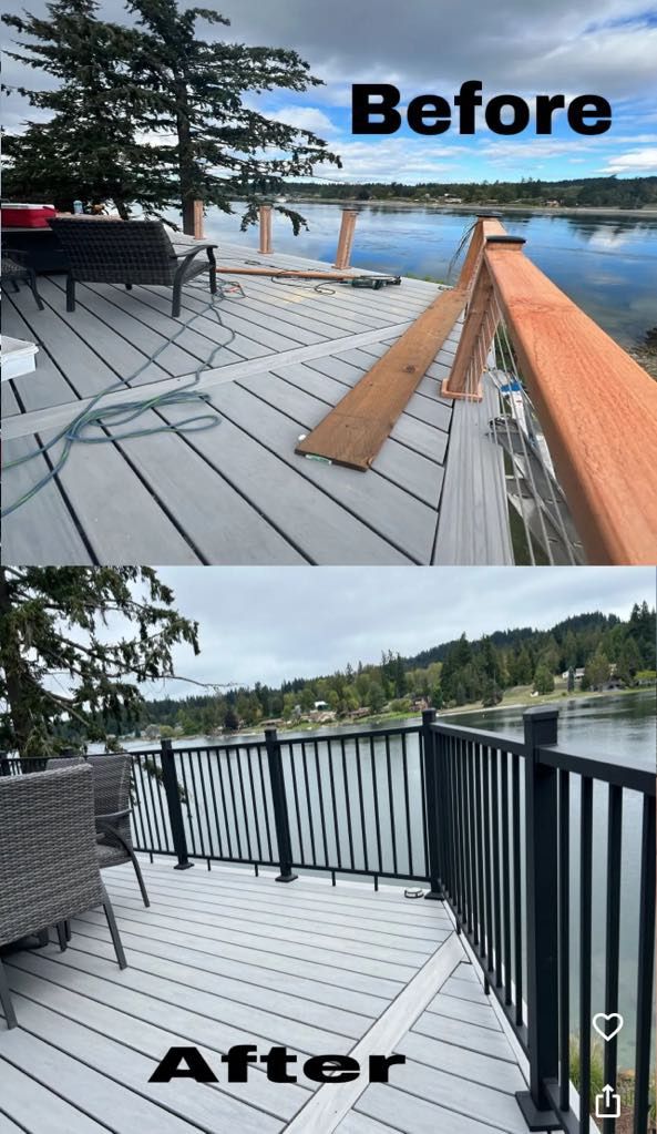 A before and after photo of a deck overlooking a lake.