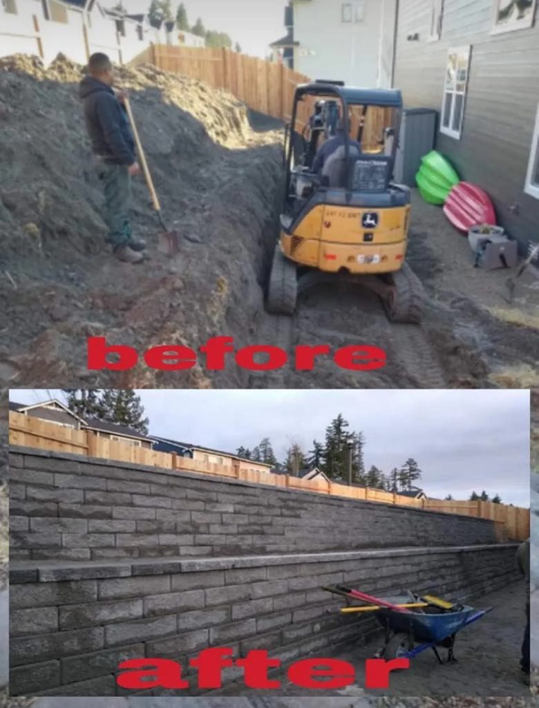 A before and after photo of a brick wall being built