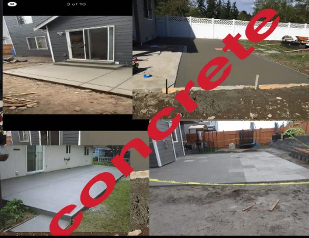 A collage of pictures of a concrete driveway being built