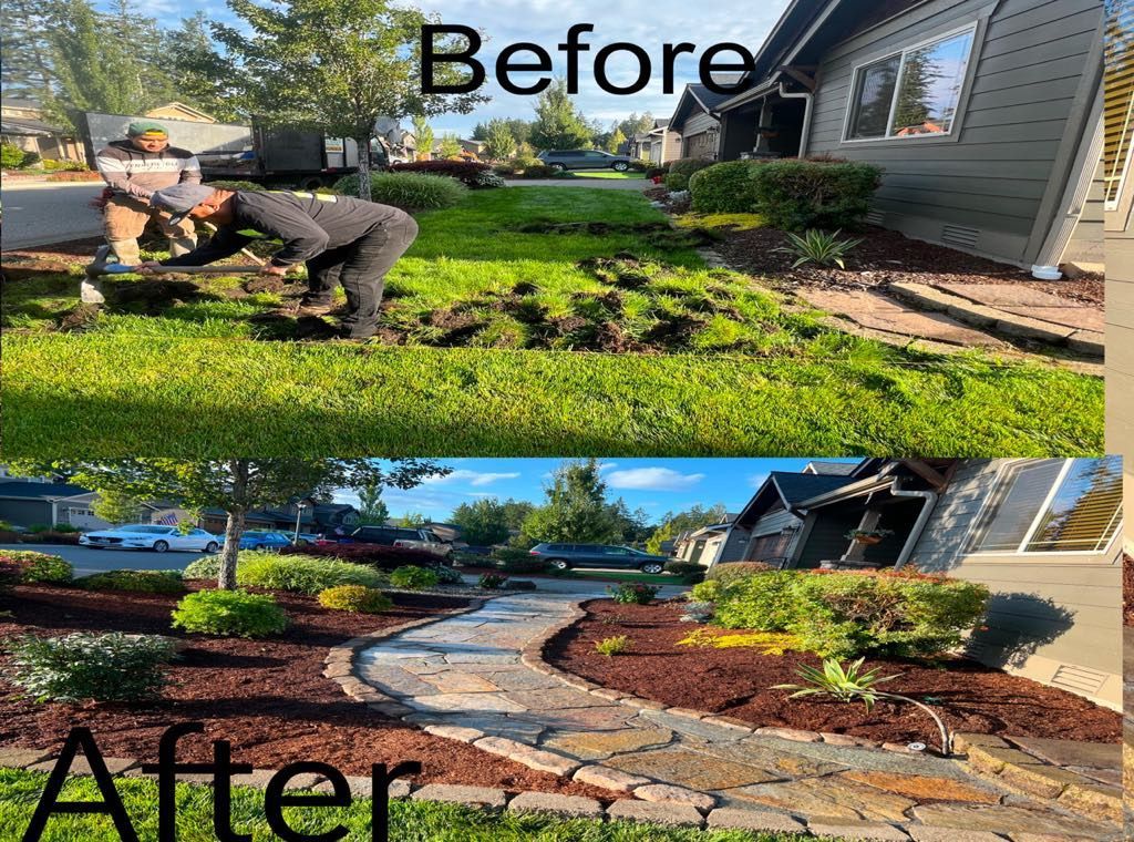A before and after picture of a lawn and a walkway.