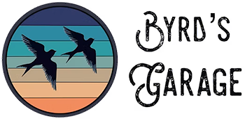 Logo for Byrd's Garage: Two birds silhouetted in a circle with a colorful sunset background. 