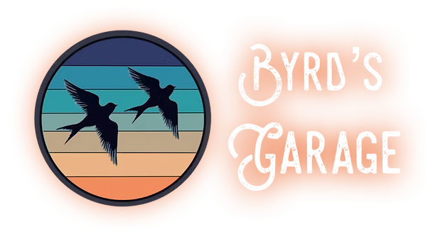 Logo: Two swallows in silhouette, circle with sunset stripes, 