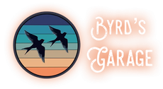 Logo for Byrd's Garage: Two swallows flying across a sunset, in a circle.