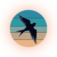 Silhouette of a bird in flight against a sunset-colored striped circle.