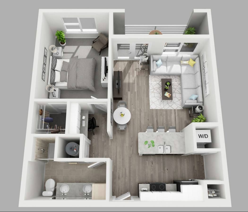 A 3d floor plan of a small apartment with a bedroom , living room , and kitchen.