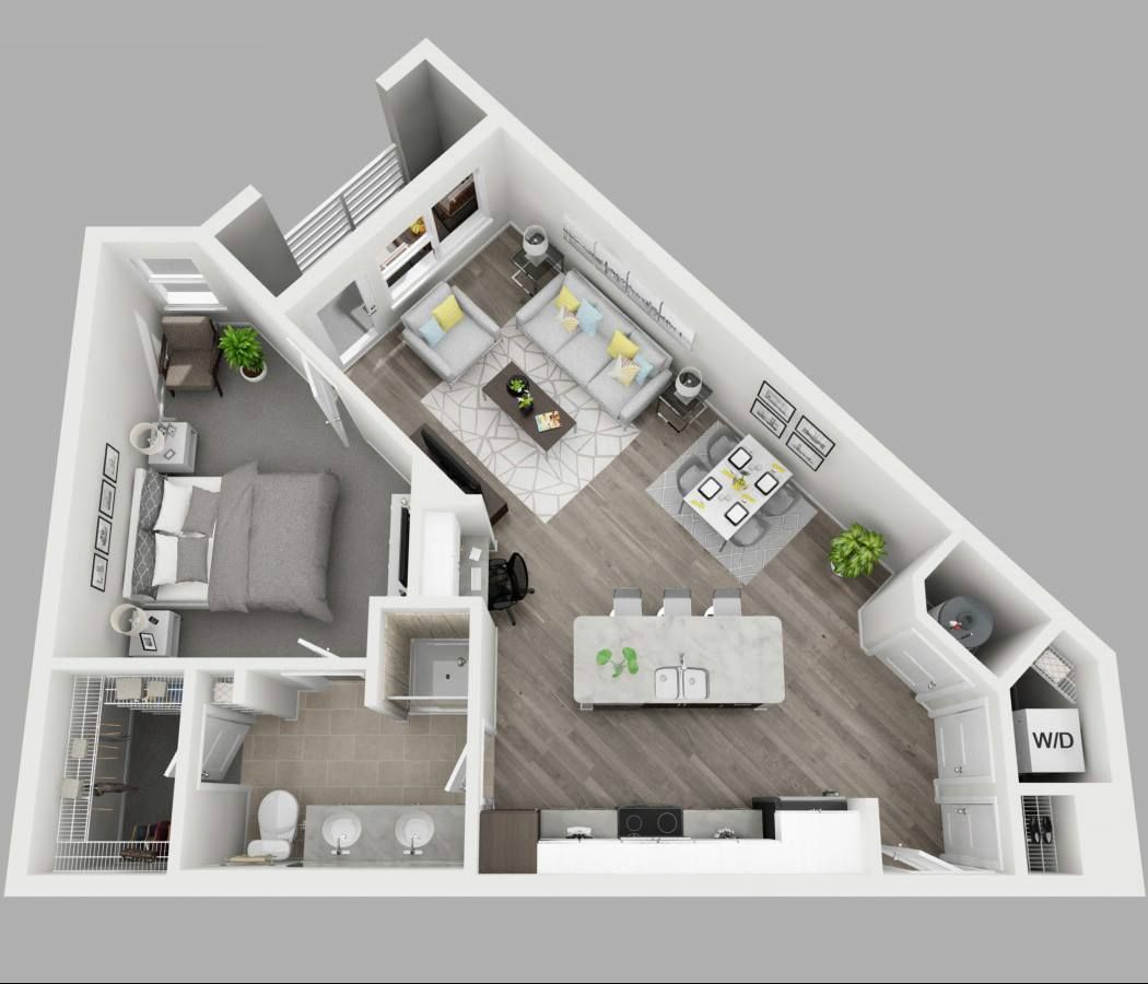 A 3d floor plan of a small apartment with a bedroom , living room , dining room , and kitchen.