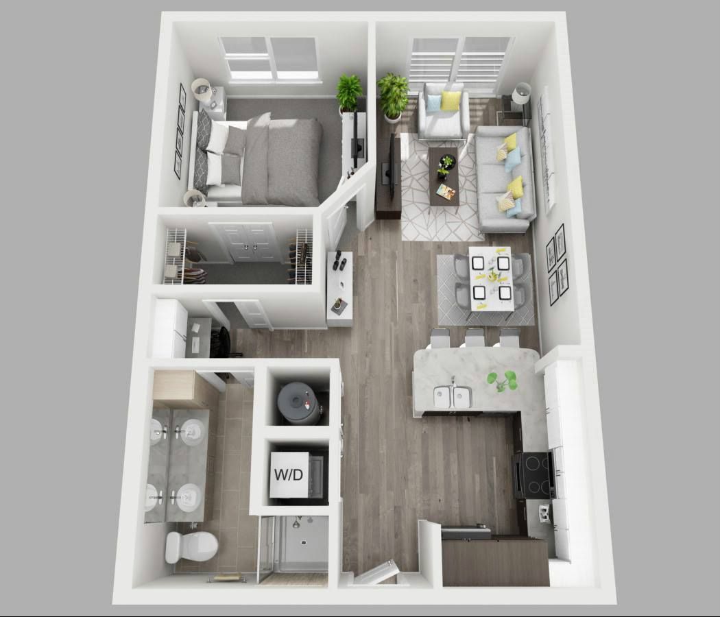 A 3d floor plan of a small apartment with a bedroom , living room , dining room , and kitchen.