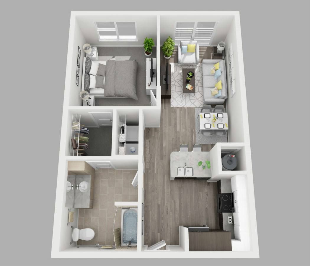A 3d floor plan of a small apartment with a bedroom , living room , dining room , and bathroom.