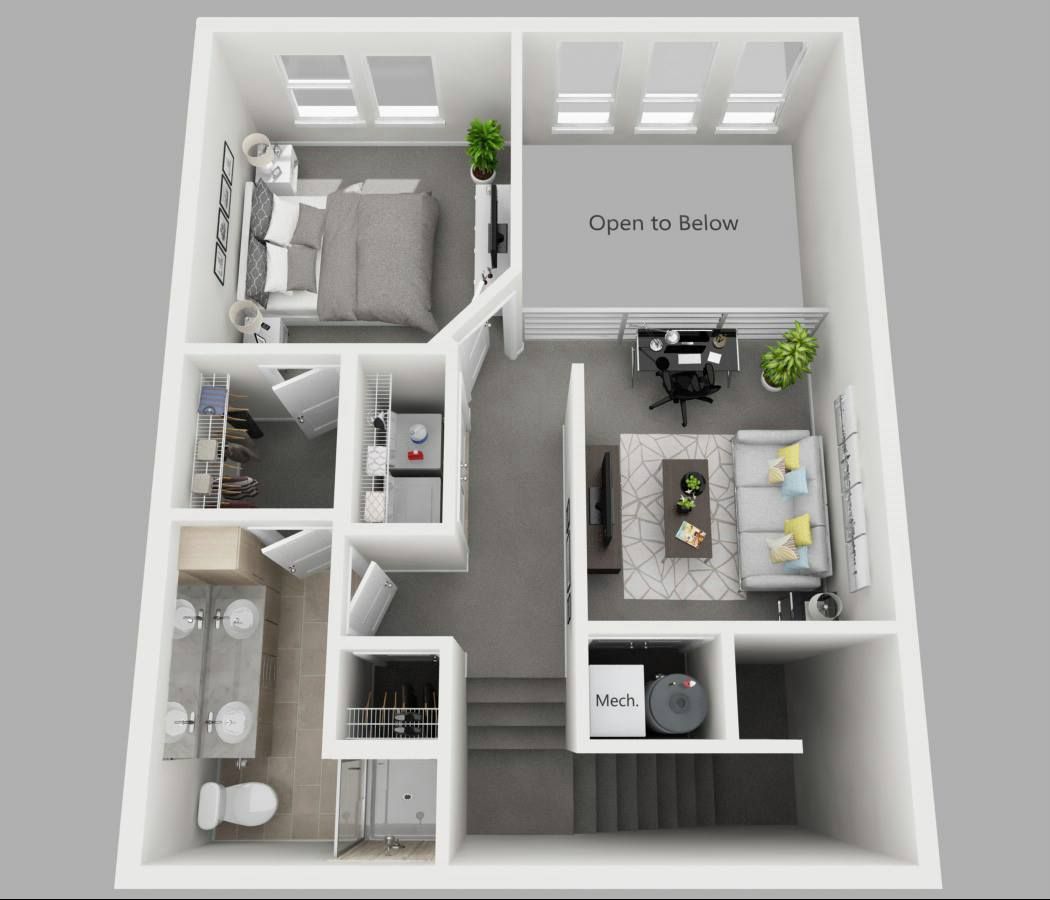 A 3d floor plan of a house with a bedroom , living room , and bathroom.