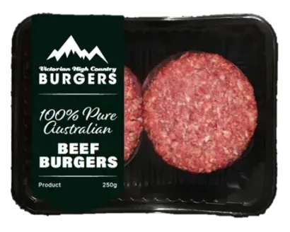 Two beef burgers are in a plastic container.