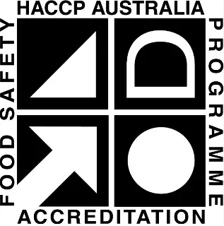 A black and white logo for haccp australia food safety programme accreditation.