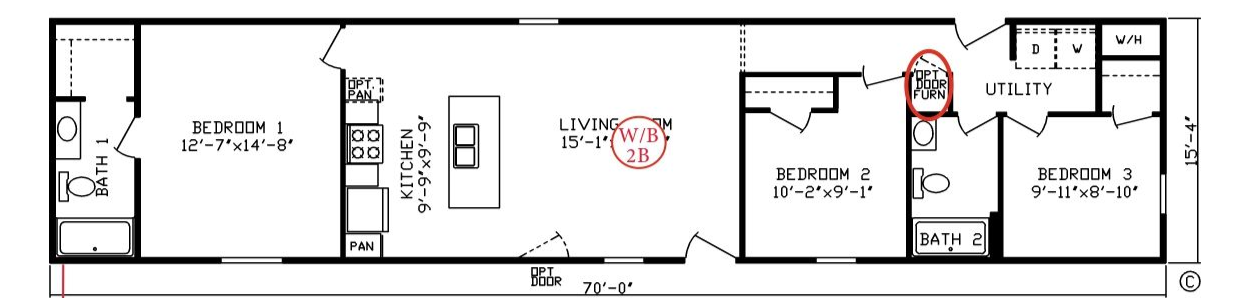 Black-and-white floor plan of an apartment with rooms, doors, and a highlighted bathroom area.