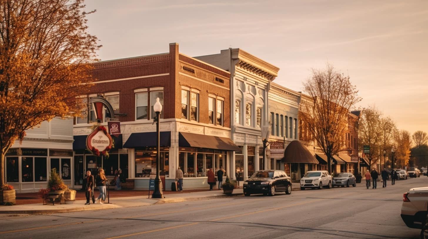 Historic downtown street with brick storefronts, pedestrians, cars, and autumn trees at sunset