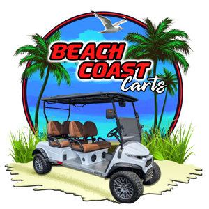 Beach Coast Carts logo with a white golf cart on a tropical beach under palm trees and blue sky