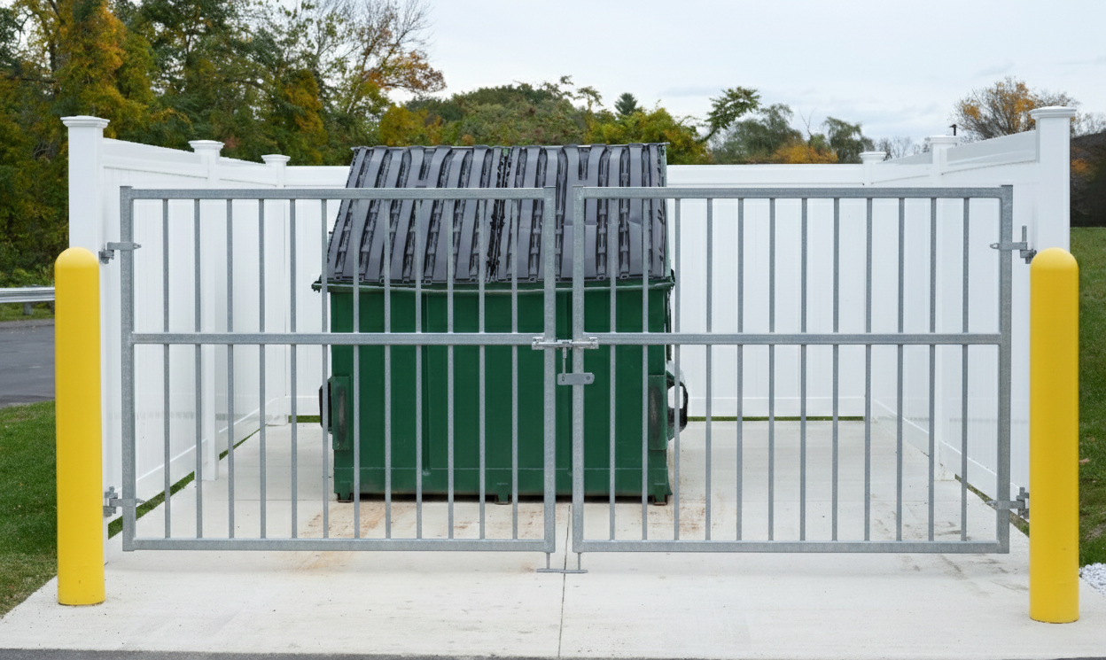 Green dumpster behind a gray metal gate, enclosed by white walls and yellow posts.
