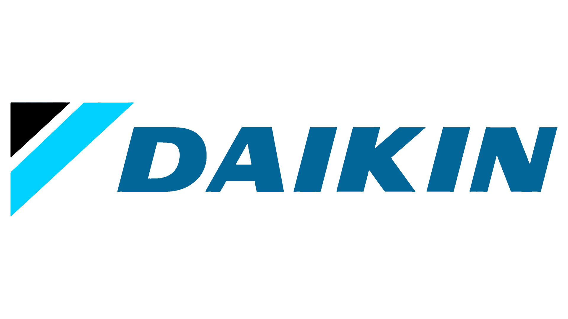 Daikin logo: blue and black triangle, blue angled line, dark blue wordmark.