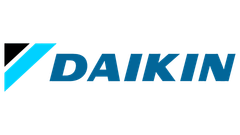 Daikin logo: blue and black triangle, blue angled line, dark blue wordmark.