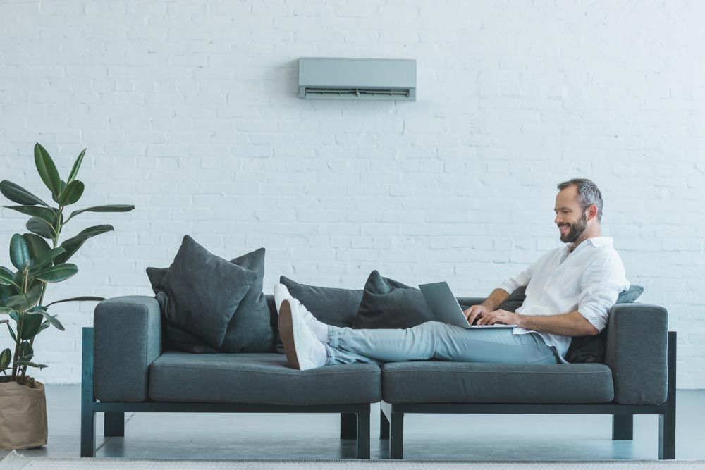 A Man is Sitting on a Couch Using a Laptop Computer — Davies Refrigeration & Air Conditioning in Warana, QLD