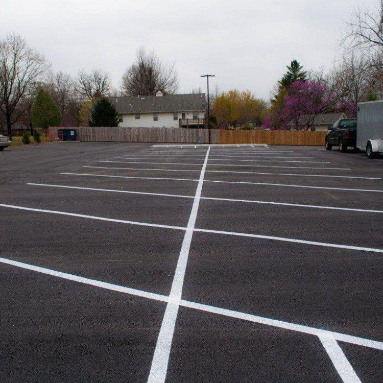 Empty parking lot with white lines, trees, and houses in the background.