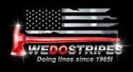 Logo with flag design made of firefighter tools, red axe, and "WE DO STRIPES" text.