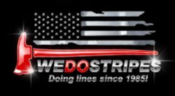 Logo with flag design made of firefighter tools, red axe, and "WE DO STRIPES" text.
