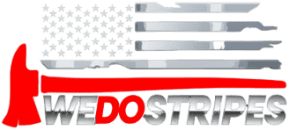 Logo with flag design made of firefighter tools, red axe, and "WE DO STRIPES" text.