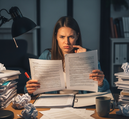 Woman at desk, frustrated, reading documents, surrounded by papers.