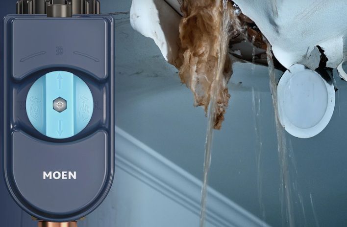 A picture of a moen valve next to a picture of a leaking pipe